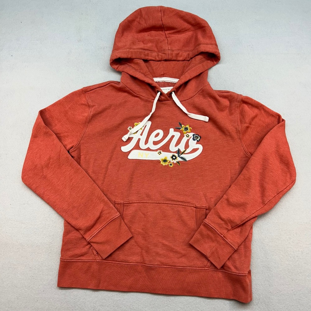 Aeropostale Womens Medium Rust Orange Floral Embroidered Aero Logo Hoodie Fleece